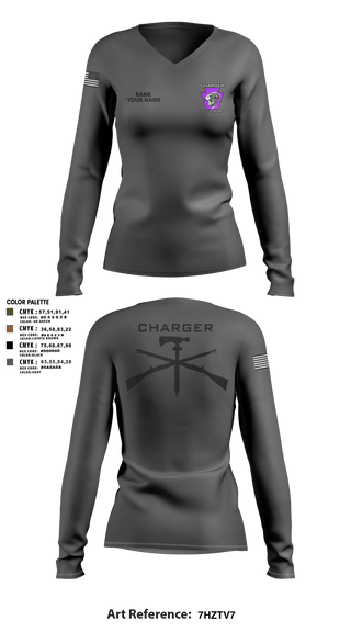 Womens Long Sleeve Vneck Shirt, Charger Co. / 2-112th Infantry Battalion, National Guard, Teamtime, Team time, sublimation, custom sports apparel, team uniforms, spirit wear, spiritwear, sports uniforms, custom shirts, team store, custom team store, fundraiser sports, apparel fundraiser