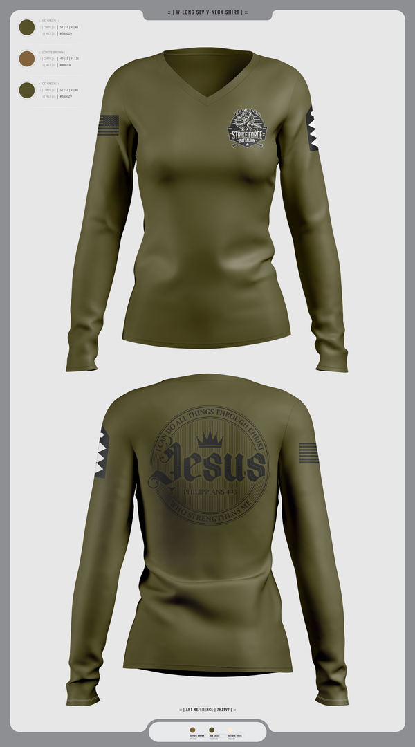 Womens Long Sleeve Vneck Shirt, Strike force Battalion, Army, Teamtime, Team time, sublimation, custom sports apparel, team uniforms, spirit wear, spiritwear, sports uniforms, custom shirts, team store, custom team store, fundraiser sports, apparel fundraiser