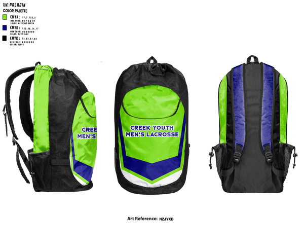 Gear Bag, Creek Youth Lacrosse, Men's Lacrosse, Teamtime, Team time, sublimation, custom sports apparel, team uniforms, spirit wear, spiritwear, sports uniforms, custom shirts, team store, custom team store, fundraiser sports, apparel fundraiser