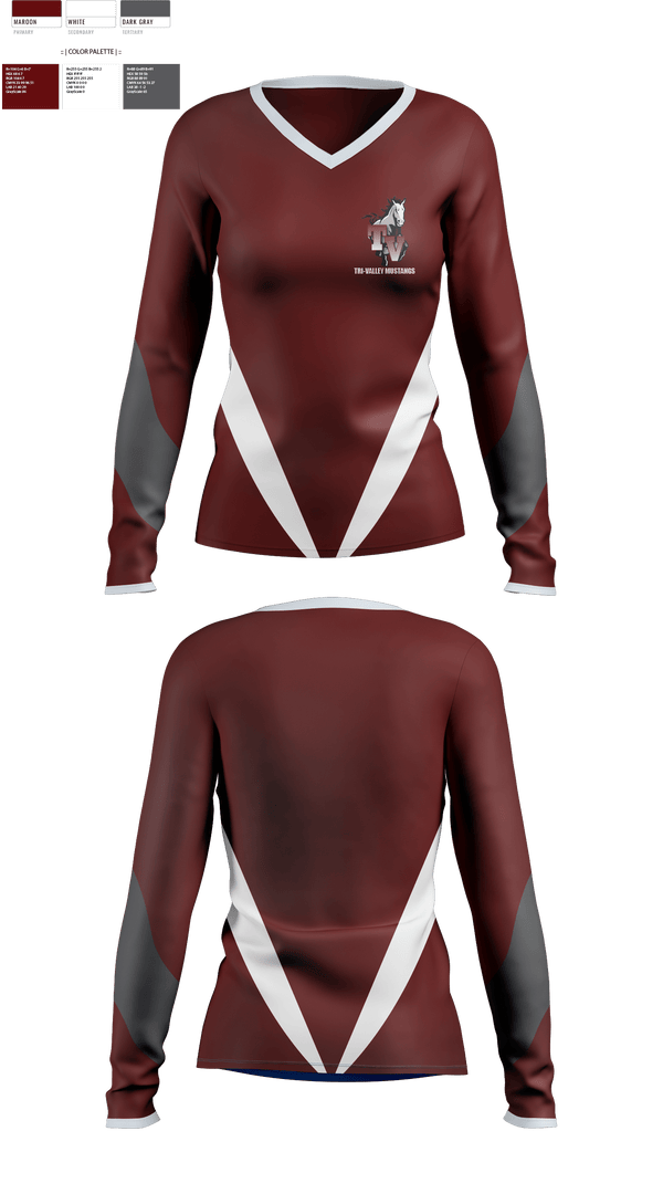Womens Long Sleeve Vneck Shirt, Tri-Valley Mustangs, Spirit Store, Teamtime, Team time, sublimation, custom sports apparel, team uniforms, spirit wear, spiritwear, sports uniforms, custom shirts, team store, custom team store, fundraiser sports, apparel fundraiser