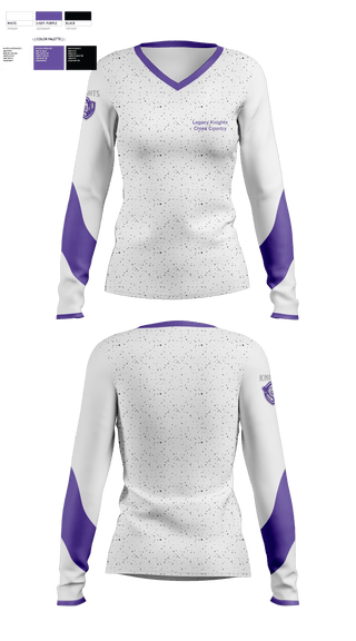 Womens Long Sleeve Vneck Shirt, Legacy Cross Country, Cross Country, Teamtime, Team time, sublimation, custom sports apparel, team uniforms, spirit wear, spiritwear, sports uniforms, custom shirts, team store, custom team store, fundraiser sports, apparel fundraiser