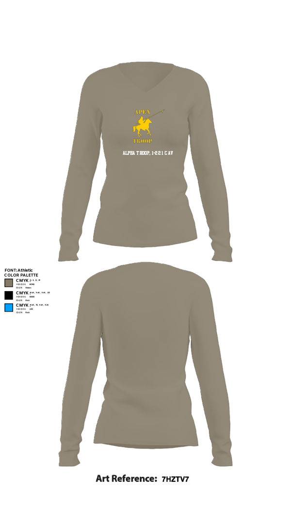 Women's Long Sleeve Vneck Shirt, Alpha Troop, 1-221 CAV, National Guard, Teamtime, Team time, sublimation, custom sports apparel, team uniforms, spirit wear, spiritwear, sports uniforms, custom shirts, team store, custom team store, fundraiser sports, apparel fundraiser