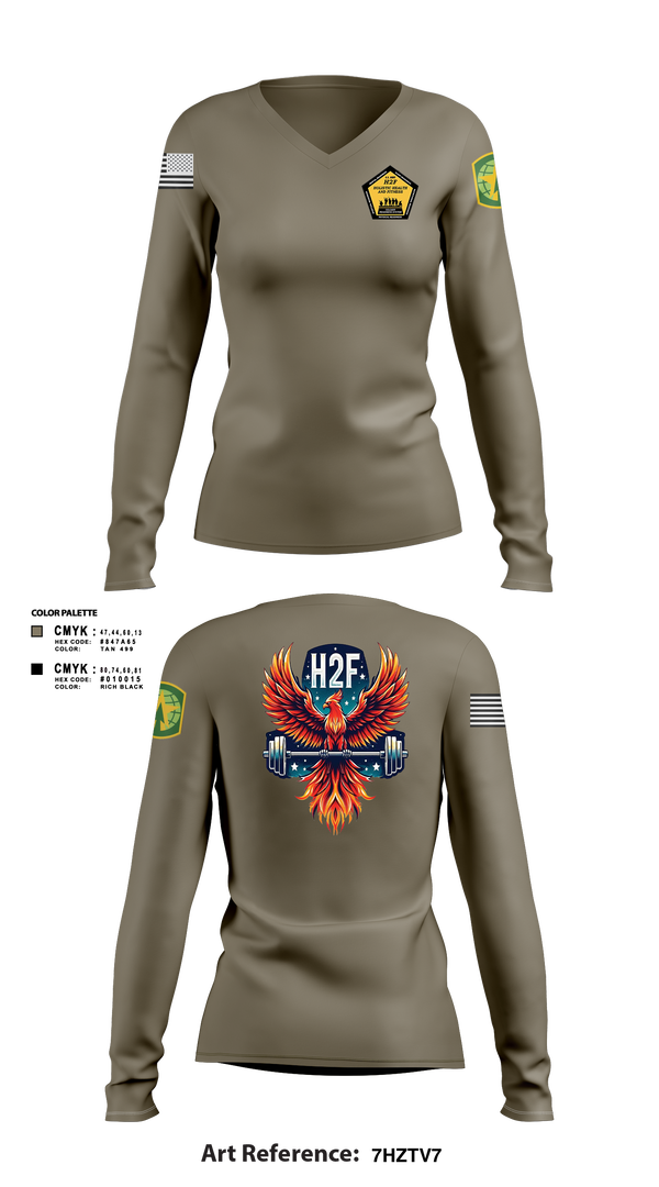 Womens Long Sleeve Vneck Shirt 1, Phoenix H2F, Army, Teamtime, Team time, sublimation, custom sports apparel, team uniforms, spirit wear, spiritwear, sports uniforms, custom shirts, team store, custom team store, fundraiser sports, apparel fundraiser