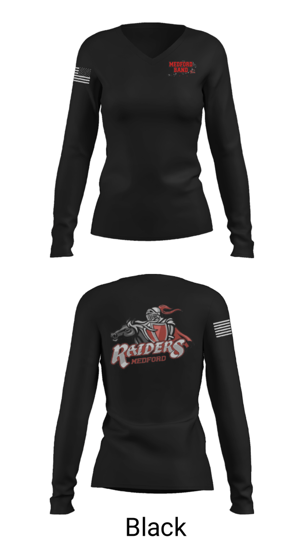 Womens Long Sleeve Vneck Shirt, Medford Area Senior High School Band, Spirit Store, Teamtime, Team time, sublimation, custom sports apparel, team uniforms, spirit wear, spiritwear, sports uniforms, custom shirts, team store, custom team store, fundraiser sports, apparel fundraiser