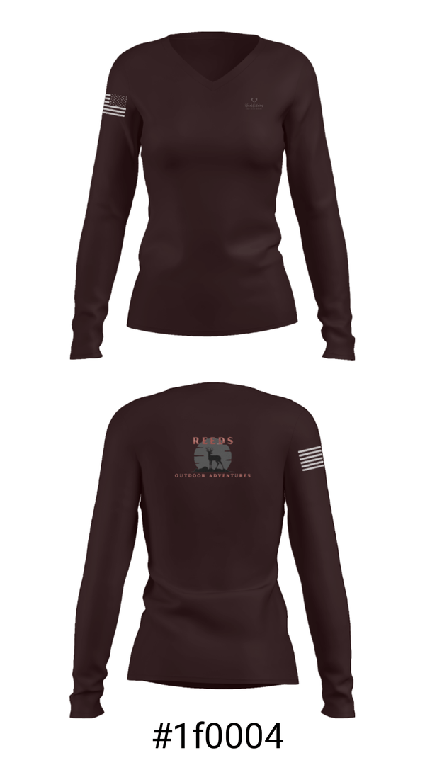 Women's Long Sleeve Vneck Shirt, Reeds Outdoor Adventures, , Teamtime, Team time, sublimation, custom sports apparel, team uniforms, spirit wear, spiritwear, sports uniforms, custom shirts, team store, custom team store, fundraiser sports, apparel fundraiser