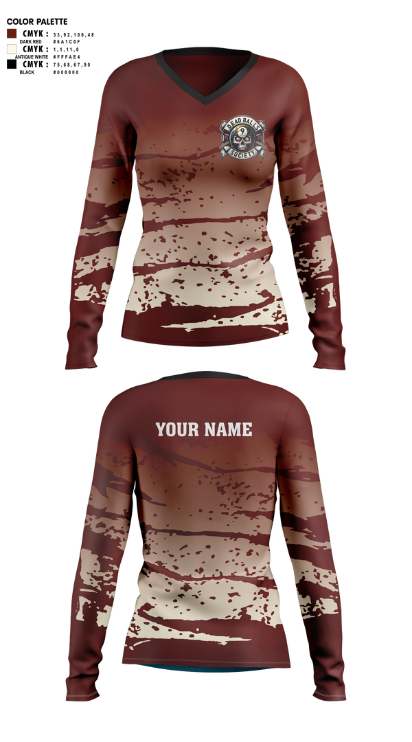 Womens Long Sleeve Vneck Shirt, Dead Balls Society, Bowling, Teamtime, Team time, sublimation, custom sports apparel, team uniforms, spirit wear, spiritwear, sports uniforms, custom shirts, team store, custom team store, fundraiser sports, apparel fundraiser