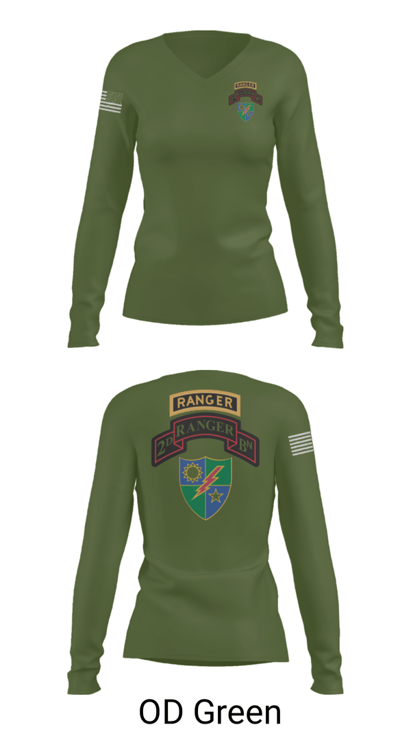 Women's Long Sleeve Vneck Shirt, 2nd Battalion 75th Ranger Regiment, , Teamtime, Team time, sublimation, custom sports apparel, team uniforms, spirit wear, spiritwear, sports uniforms, custom shirts, team store, custom team store, fundraiser sports, apparel fundraiser