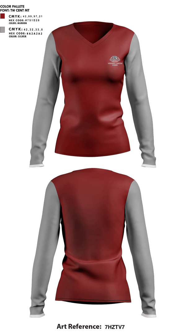 Womens Long Sleeve Vneck Shirt, Virginia Union University Cheer, Cheer, Teamtime, Team time, sublimation, custom sports apparel, team uniforms, spirit wear, spiritwear, sports uniforms, custom shirts, team store, custom team store, fundraiser sports, apparel fundraiser