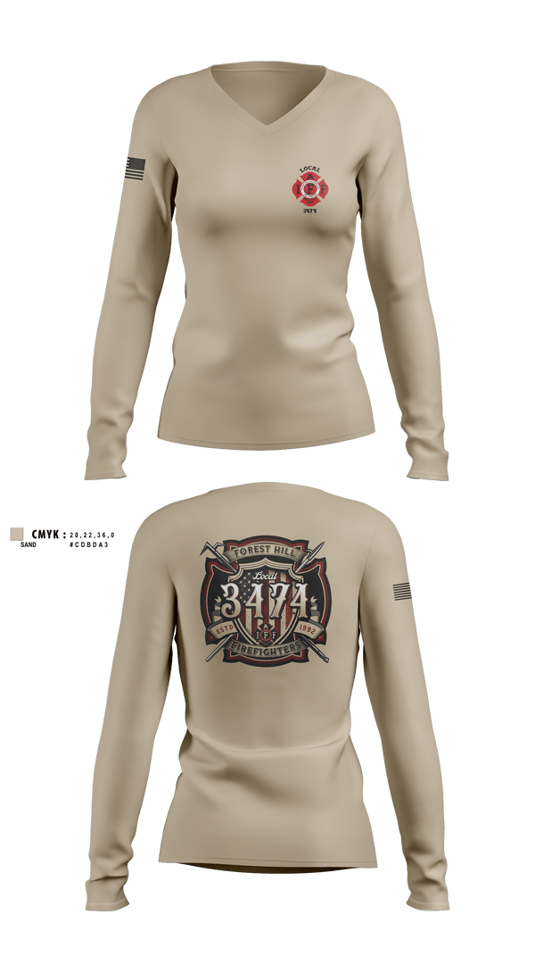 Womens Long Sleeve Vneck Shirt, Local 3474IAFF Local 3474, Fire Department, Teamtime, Team time, sublimation, custom sports apparel, team uniforms, spirit wear, spiritwear, sports uniforms, custom shirts, team store, custom team store, fundraiser sports, apparel fundraiser