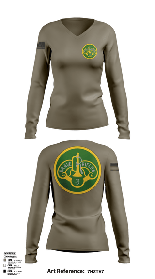 Womens Long Sleeve Vneck Shirt 1, 3CR, Army, Teamtime, Team time, sublimation, custom sports apparel, team uniforms, spirit wear, spiritwear, sports uniforms, custom shirts, team store, custom team store, fundraiser sports, apparel fundraiser