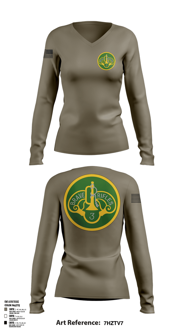 Womens Long Sleeve Vneck Shirt 1, 3CR, Army, Teamtime, Team time, sublimation, custom sports apparel, team uniforms, spirit wear, spiritwear, sports uniforms, custom shirts, team store, custom team store, fundraiser sports, apparel fundraiser