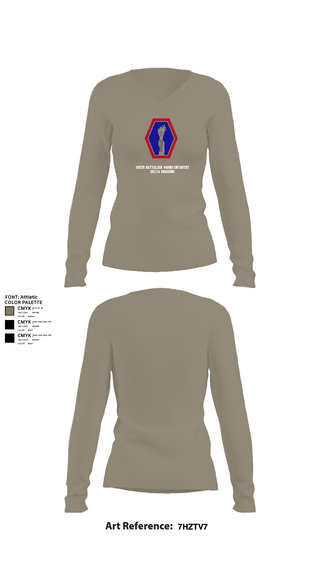 Womens Long Sleeve Vneck Shirt, 100th Battalion 442nd Infantry Delta dragons, Army, Teamtime, Team time, sublimation, custom sports apparel, team uniforms, spirit wear, spiritwear, sports uniforms, custom shirts, team store, custom team store, fundraiser sports, apparel fundraiser