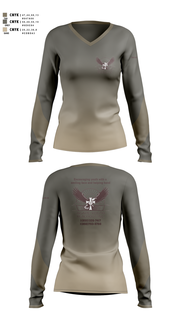 Womens Long Sleeve Vneck Shirt, Agape Youth Reachout inc, , Teamtime, Team time, sublimation, custom sports apparel, team uniforms, spirit wear, spiritwear, sports uniforms, custom shirts, team store, custom team store, fundraiser sports, apparel fundraiser