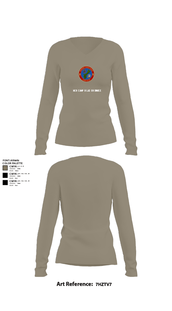 Women's Long Sleeve Vneck Shirt, MCB Camp Blaz Ordnance, Marines, Teamtime, Team time, sublimation, custom sports apparel, team uniforms, spirit wear, spiritwear, sports uniforms, custom shirts, team store, custom team store, fundraiser sports, apparel fundraiser