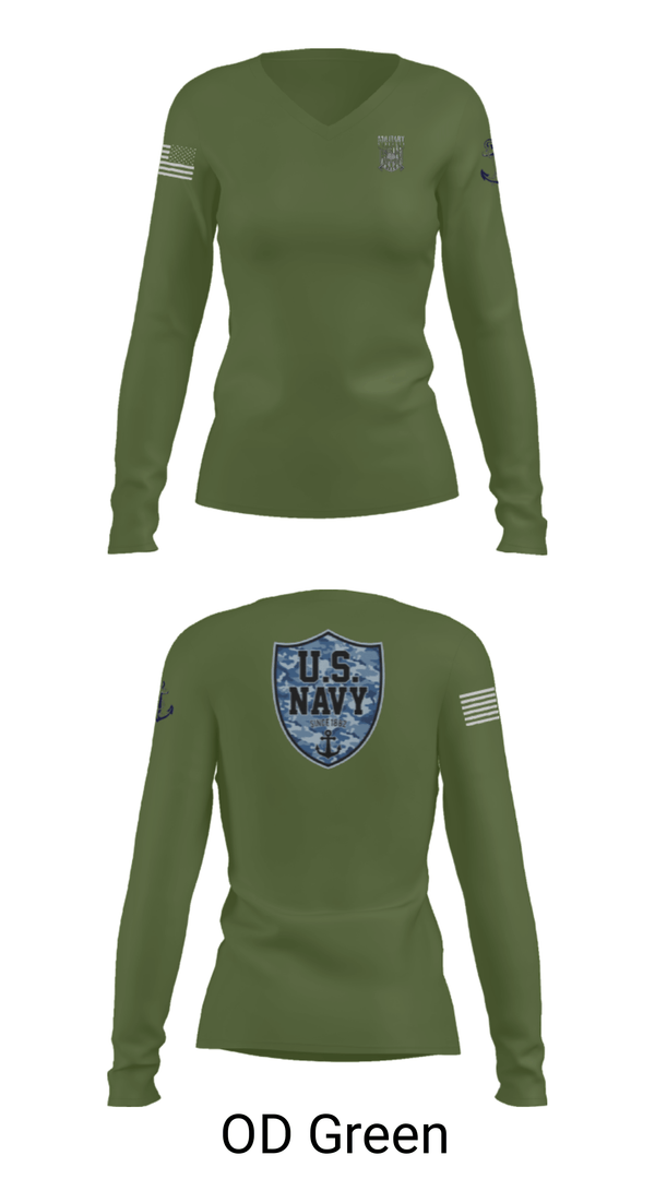 Women's Long Sleeve Vneck Shirt, CVN 77 George HW Bus, Navy, Teamtime, Team time, sublimation, custom sports apparel, team uniforms, spirit wear, spiritwear, sports uniforms, custom shirts, team store, custom team store, fundraiser sports, apparel fundraiser