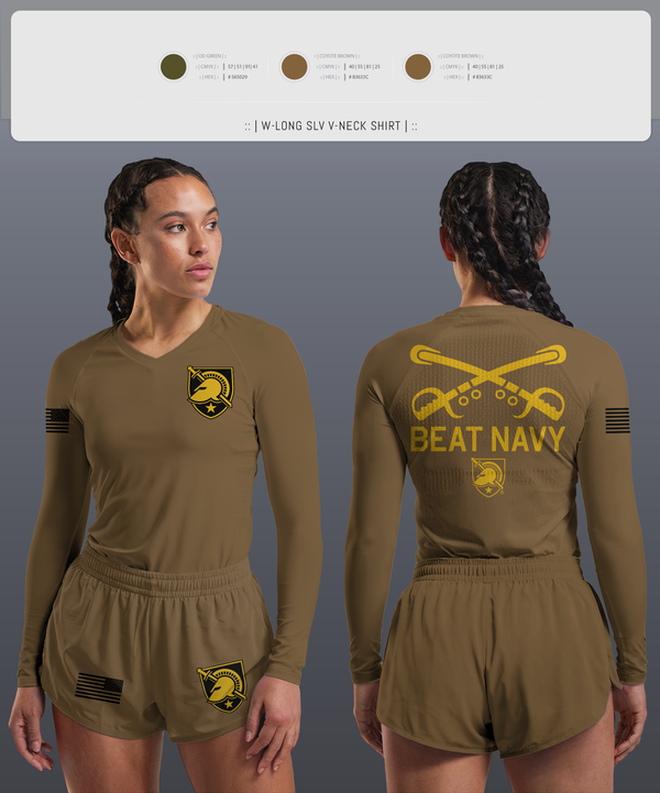 Womens Long Sleeve Vneck Shirt, HORNET BATTALION, Army, Teamtime, Team time, sublimation, custom sports apparel, team uniforms, spirit wear, spiritwear, sports uniforms, custom shirts, team store, custom team store, fundraiser sports, apparel fundraiser