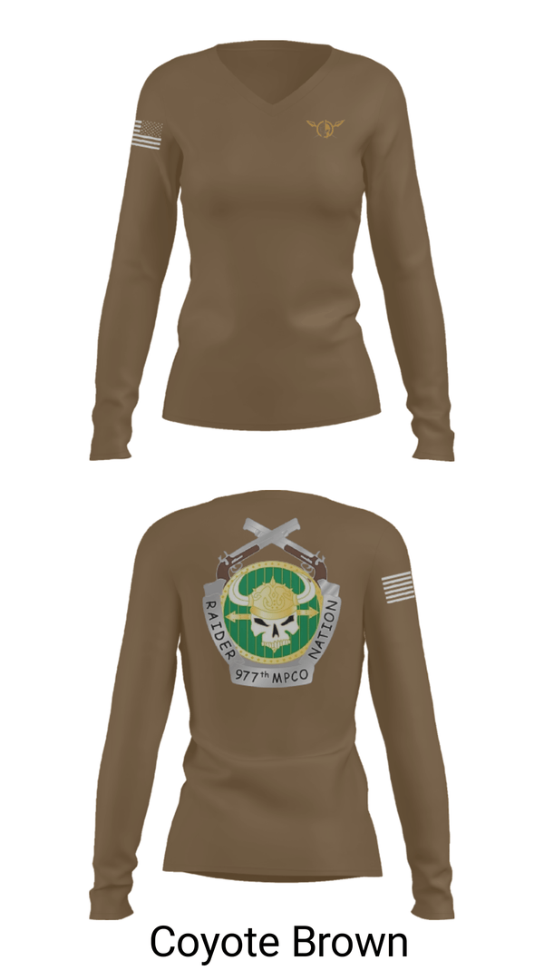 Womens Long Sleeve Vneck Shirt, 977 MP CO, Army, Teamtime, Team time, sublimation, custom sports apparel, team uniforms, spirit wear, spiritwear, sports uniforms, custom shirts, team store, custom team store, fundraiser sports, apparel fundraiser
