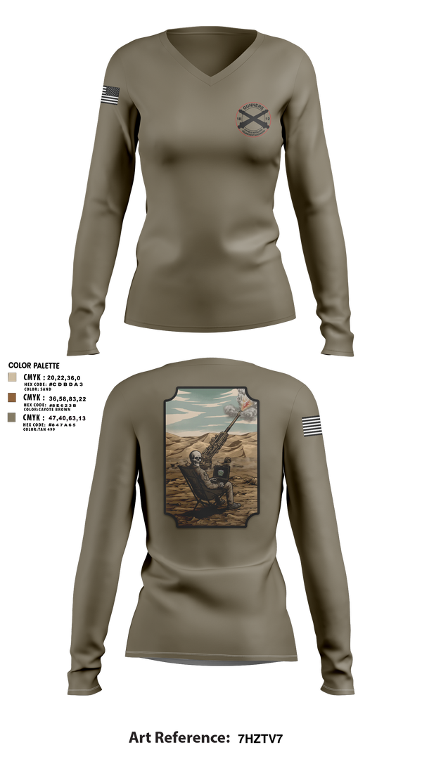 Womens Long Sleeve Vneck Shirt, C-BTRY FDC, Army, Teamtime, Team time, sublimation, custom sports apparel, team uniforms, spirit wear, spiritwear, sports uniforms, custom shirts, team store, custom team store, fundraiser sports, apparel fundraiser