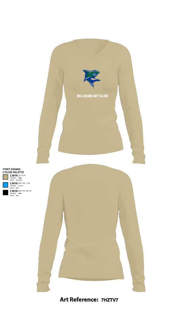 Women's Long Sleeve Vneck Shirt, Bullshark Battalion, Army, Teamtime, Team time, sublimation, custom sports apparel, team uniforms, spirit wear, spiritwear, sports uniforms, custom shirts, team store, custom team store, fundraiser sports, apparel fundraiser