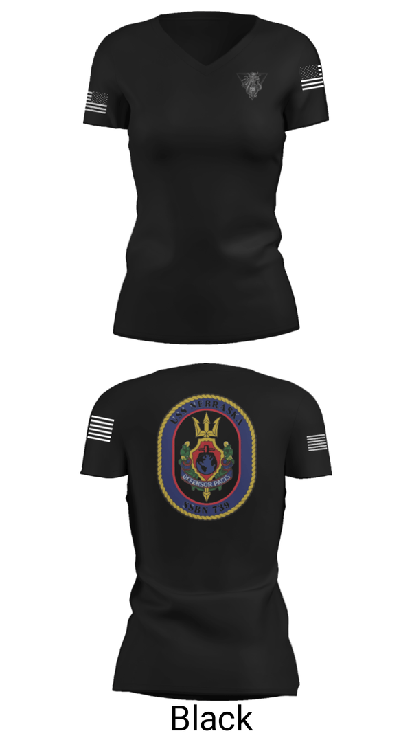 Women's Short Sleeve Vneck Shirt, USS Nebraska, Navy, Teamtime, Team time, sublimation, custom sports apparel, team uniforms, spirit wear, spiritwear, sports uniforms, custom shirts, team store, custom team store, fundraiser sports, apparel fundraiser