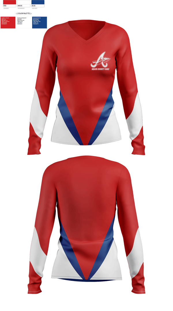 Womens Long Sleeve Vneck Shirt, Adair County High School Golf, Golf, Teamtime, Team time, sublimation, custom sports apparel, team uniforms, spirit wear, spiritwear, sports uniforms, custom shirts, team store, custom team store, fundraiser sports, apparel fundraiser