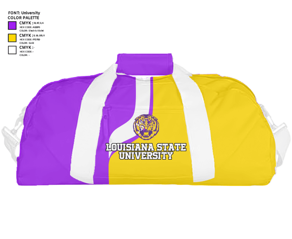 Duffle Bag, Louisiana State University, Spirit Store, Teamtime, Team time, sublimation, custom sports apparel, team uniforms, spirit wear, spiritwear, sports uniforms, custom shirts, team store, custom team store, fundraiser sports, apparel fundraiser