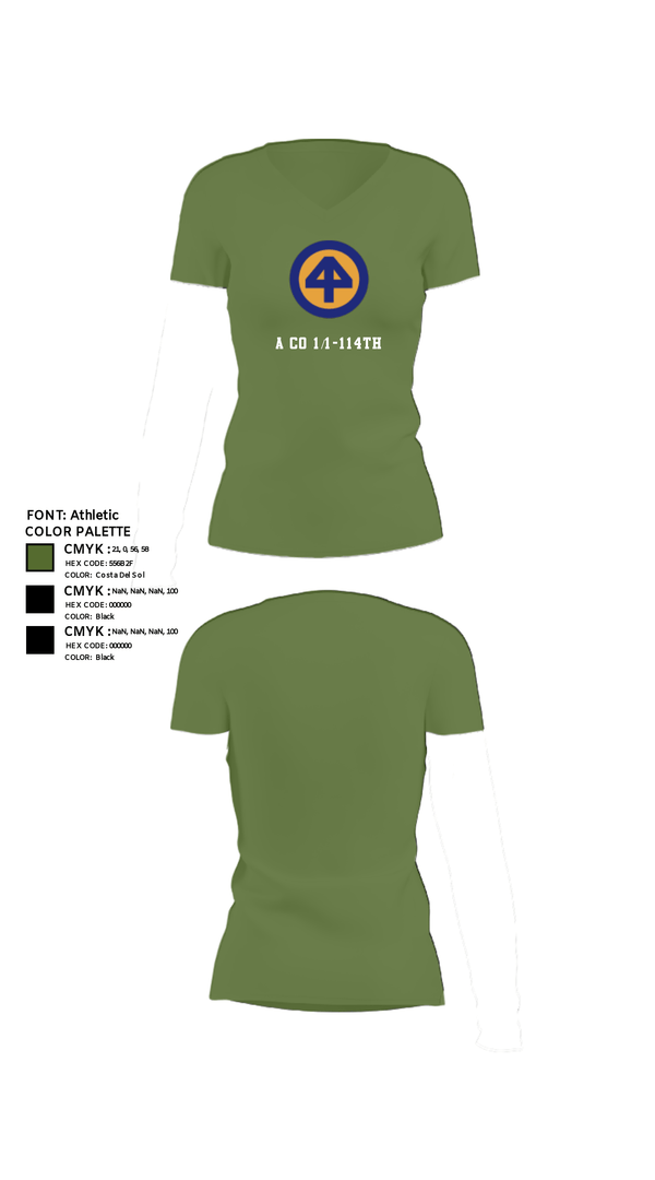 Women's Short Sleeve Vneck Shirt, A Co 1/1-114th, Army, Teamtime, Team time, sublimation, custom sports apparel, team uniforms, spirit wear, spiritwear, sports uniforms, custom shirts, team store, custom team store, fundraiser sports, apparel fundraiser