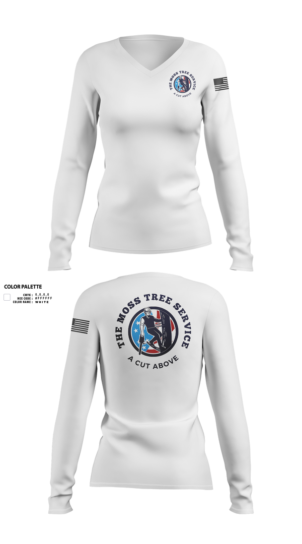 Womens Long Sleeve Vneck Shirt, The Moss Tree Service, , Teamtime, Team time, sublimation, custom sports apparel, team uniforms, spirit wear, spiritwear, sports uniforms, custom shirts, team store, custom team store, fundraiser sports, apparel fundraiser