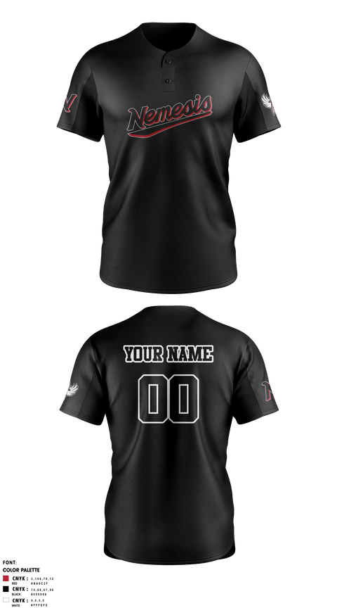 Two Button Softball Jersey, NEMESIS, Softball, Teamtime, Team time, sublimation, custom sports apparel, team uniforms, spirit wear, spiritwear, sports uniforms, custom shirts, team store, custom team store, fundraiser sports, apparel fundraiser