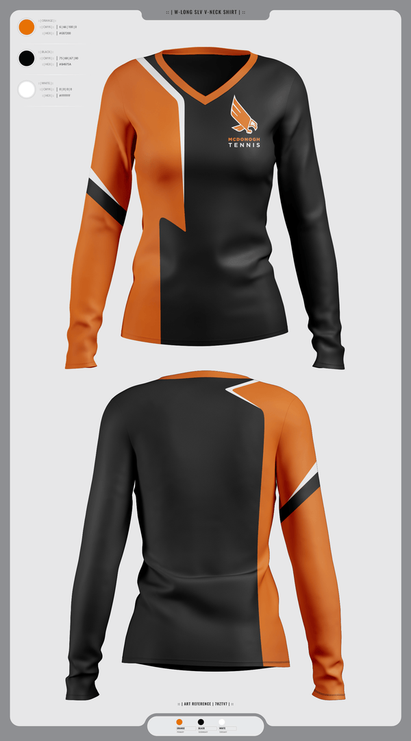 Womens Long Sleeve Vneck Shirt, Mcdonogh Girls Tennis, Tennis, Teamtime, Team time, sublimation, custom sports apparel, team uniforms, spirit wear, spiritwear, sports uniforms, custom shirts, team store, custom team store, fundraiser sports, apparel fundraiser