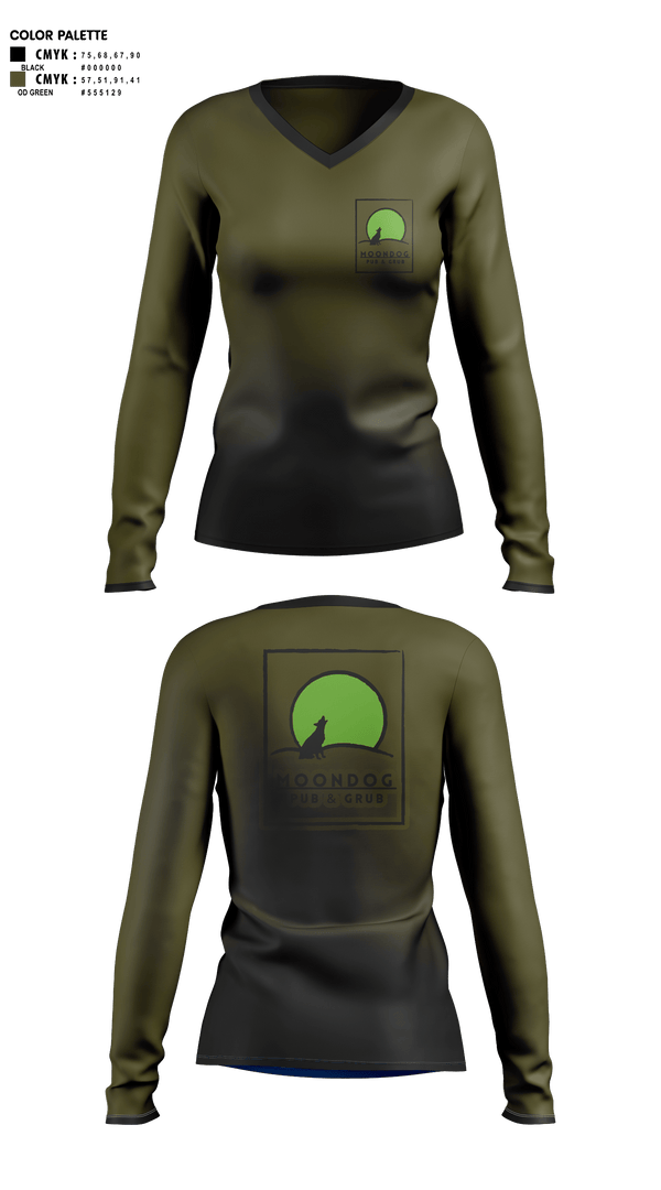 Womens Long Sleeve Vneck Shirt 1, Moondog pub and grub, , Teamtime, Team time, sublimation, custom sports apparel, team uniforms, spirit wear, spiritwear, sports uniforms, custom shirts, team store, custom team store, fundraiser sports, apparel fundraiser