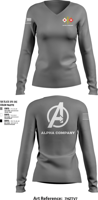 Women's Long Sleeve Vneck Shirt, Alpha Company, Army, Teamtime, Team time, sublimation, custom sports apparel, team uniforms, spirit wear, spiritwear, sports uniforms, custom shirts, team store, custom team store, fundraiser sports, apparel fundraiser