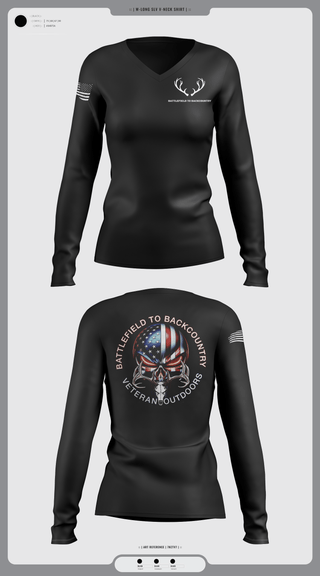 Womens Long Sleeve Vneck Shirt, BATTLEFIELD TO BACKCOUNTRY, , Teamtime, Team time, sublimation, custom sports apparel, team uniforms, spirit wear, spiritwear, sports uniforms, custom shirts, team store, custom team store, fundraiser sports, apparel fundraiser