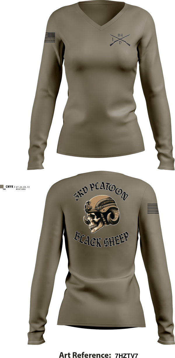 Womens Long Sleeve Vneck Shirt, 3rd PLT Black SheepDelta company 114, Army, Teamtime, Team time, sublimation, custom sports apparel, team uniforms, spirit wear, spiritwear, sports uniforms, custom shirts, team store, custom team store, fundraiser sports, apparel fundraiser