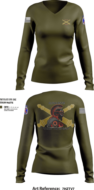 Womens Long Sleeve Vneck Shirt, ALPHA ROCK, Army, Teamtime, Team time, sublimation, custom sports apparel, team uniforms, spirit wear, spiritwear, sports uniforms, custom shirts, team store, custom team store, fundraiser sports, apparel fundraiser