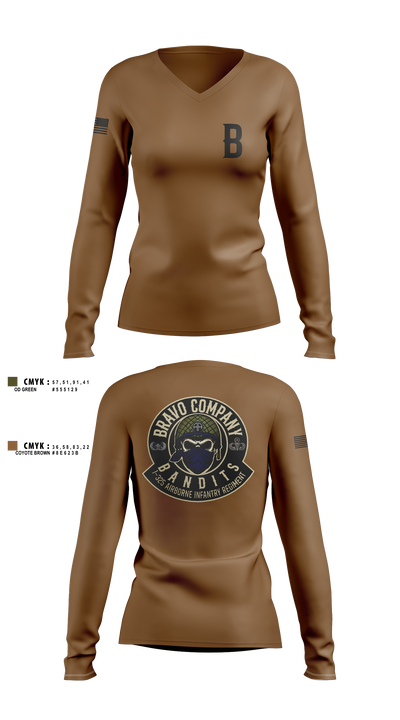 Bravo Company, 1-325 AIR, 2BCT, 82ND ABN DIV Women's Long Sleeve V-neck Shirt - 4
