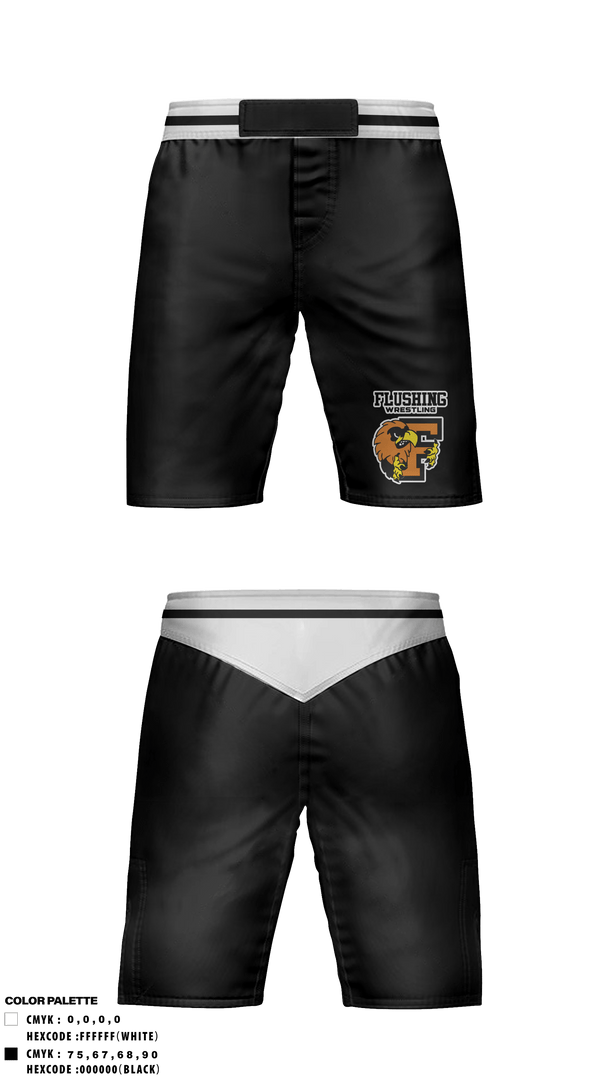 Fight Shorts, Flushing High School Wrestling, Wrestling, Teamtime, Team time, sublimation, custom sports apparel, team uniforms, spirit wear, spiritwear, sports uniforms, custom shirts, team store, custom team store, fundraiser sports, apparel fundraiser