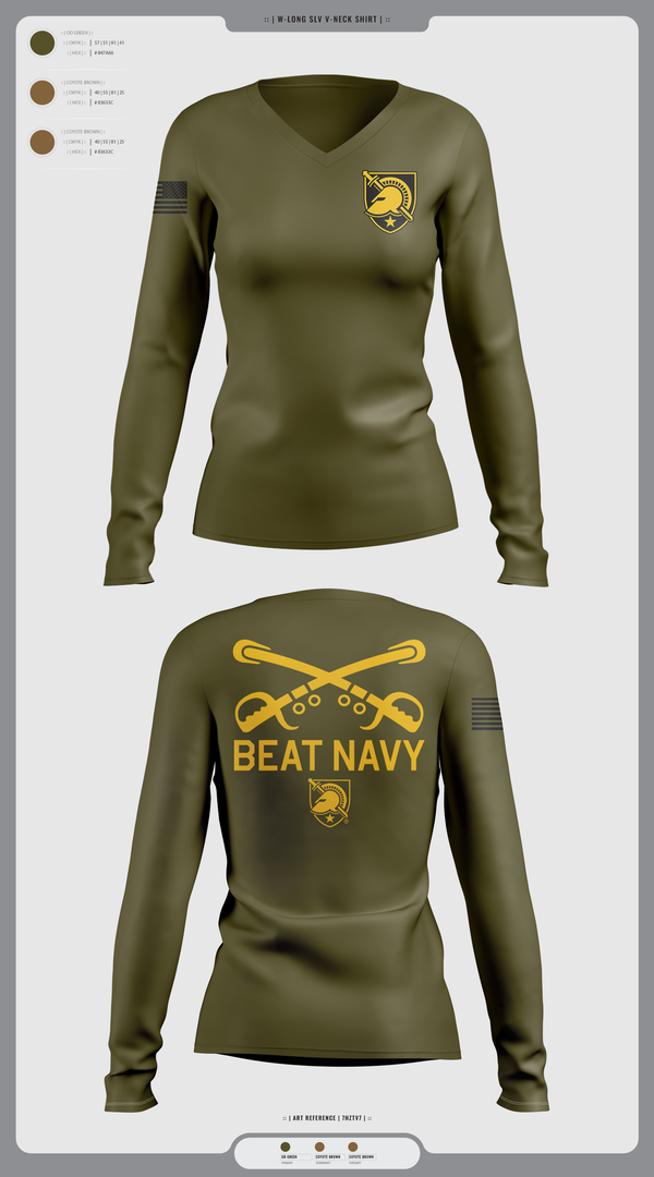 Womens Long Sleeve Vneck Shirt, HORNET BATTALION, Army, Teamtime, Team time, sublimation, custom sports apparel, team uniforms, spirit wear, spiritwear, sports uniforms, custom shirts, team store, custom team store, fundraiser sports, apparel fundraiser