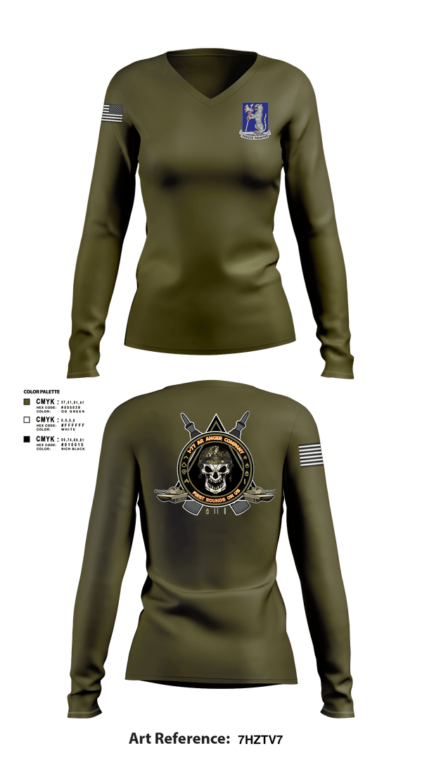 Women's Long Sleeve Vneck Shirt, 1-77 AR A Co., Army, Teamtime, Team time, sublimation, custom sports apparel, team uniforms, spirit wear, spiritwear, sports uniforms, custom shirts, team store, custom team store, fundraiser sports, apparel fundraiser