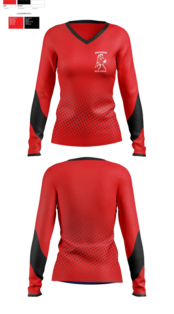 Womens Long Sleeve Vneck Shirt, Northport High School, Spirit Store, Teamtime, Team time, sublimation, custom sports apparel, team uniforms, spirit wear, spiritwear, sports uniforms, custom shirts, team store, custom team store, fundraiser sports, apparel fundraiser