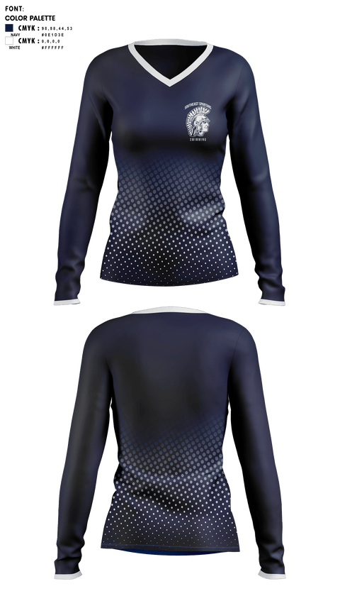 Womens Long Sleeve Vneck Shirt, Southeast High School Swimming, Swimming, Teamtime, Team time, sublimation, custom sports apparel, team uniforms, spirit wear, spiritwear, sports uniforms, custom shirts, team store, custom team store, fundraiser sports, apparel fundraiser