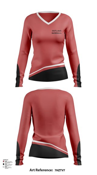 Womens Long Sleeve Vneck Shirt, Outlaws, Baseball, Teamtime, Team time, sublimation, custom sports apparel, team uniforms, spirit wear, spiritwear, sports uniforms, custom shirts, team store, custom team store, fundraiser sports, apparel fundraiser