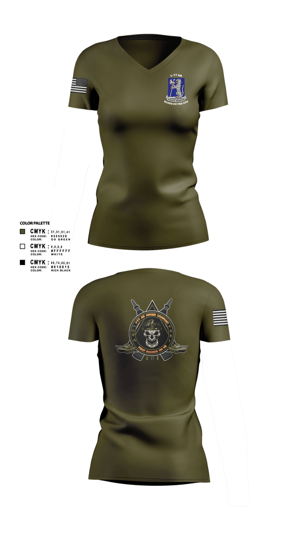 Womens Short Sleeve Vneck Shirt, 1-77 AR A Co., Army, Teamtime, Team time, sublimation, custom sports apparel, team uniforms, spirit wear, spiritwear, sports uniforms, custom shirts, team store, custom team store, fundraiser sports, apparel fundraiser