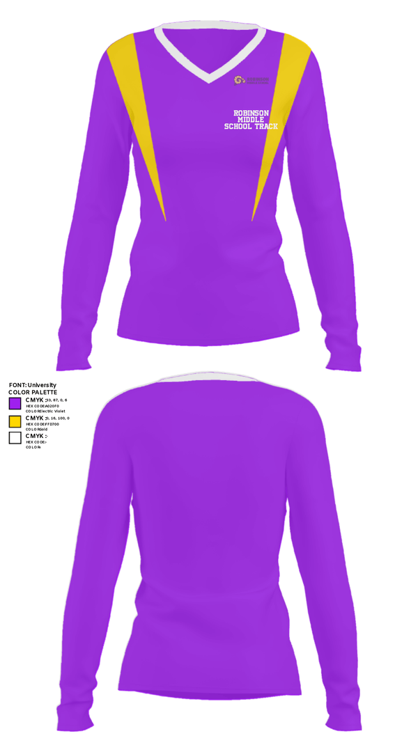 Women's Long Sleeve Vneck Shirt, Robinson Middle School Track, Track & Field, Teamtime, Team time, sublimation, custom sports apparel, team uniforms, spirit wear, spiritwear, sports uniforms, custom shirts, team store, custom team store, fundraiser sports, apparel fundraiser