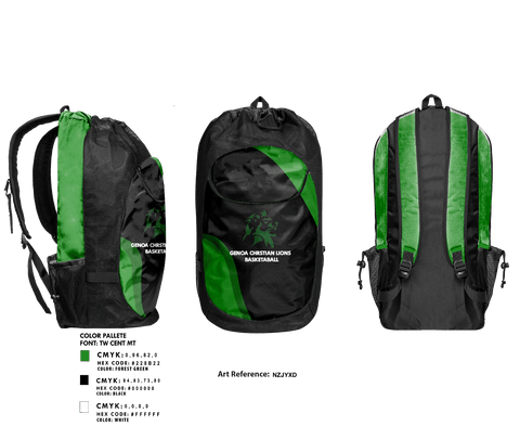 Gear Bag, Genoa Christian Lions, Men's Basketball, Teamtime, Team time, sublimation, custom sports apparel, team uniforms, spirit wear, spiritwear, sports uniforms, custom shirts, team store, custom team store, fundraiser sports, apparel fundraiser