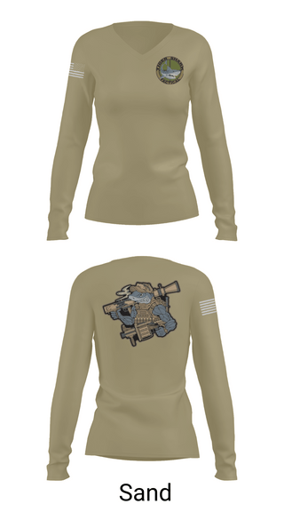 Womens Long Sleeve Vneck Shirt, Wilmington Tiger Shark, Army, Teamtime, Team time, sublimation, custom sports apparel, team uniforms, spirit wear, spiritwear, sports uniforms, custom shirts, team store, custom team store, fundraiser sports, apparel fundraiser