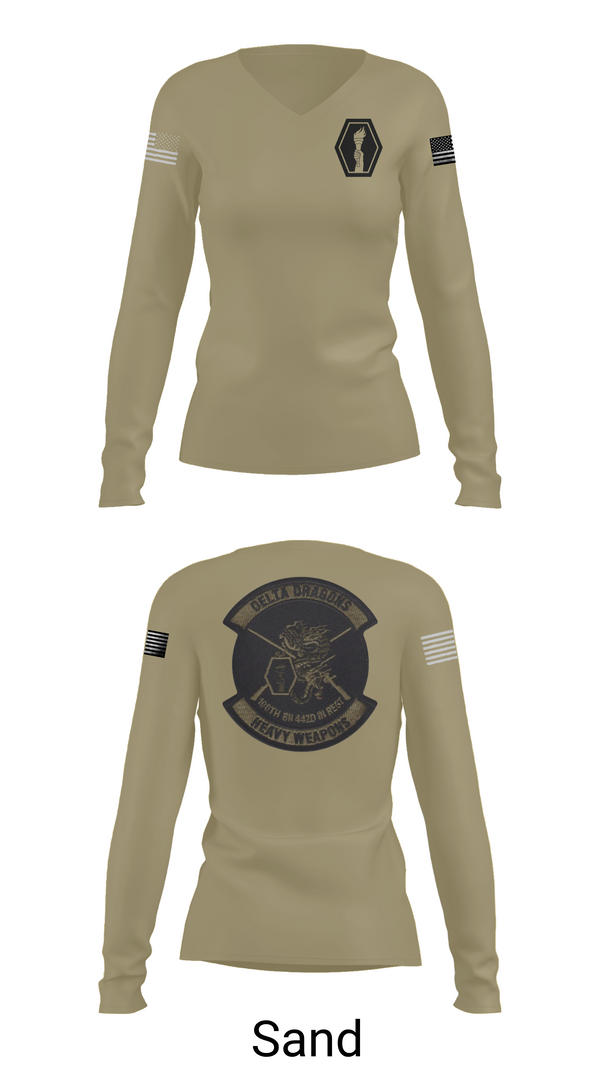 Womens Long Sleeve Vneck Shirt, 100th Battalion 442nd Infantry Delta dragons, Army, Teamtime, Team time, sublimation, custom sports apparel, team uniforms, spirit wear, spiritwear, sports uniforms, custom shirts, team store, custom team store, fundraiser sports, apparel fundraiser