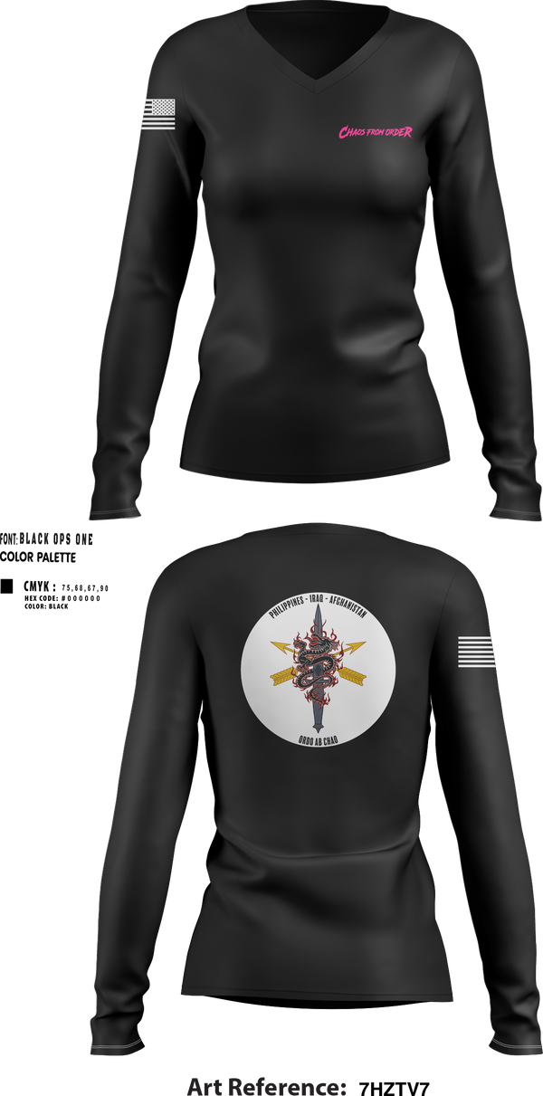 Womens Long Sleeve Vneck Shirt, ODB 170, Alpha Company, 3rd BN, 1SFG(A), Army, Teamtime, Team time, sublimation, custom sports apparel, team uniforms, spirit wear, spiritwear, sports uniforms, custom shirts, team store, custom team store, fundraiser sports, apparel fundraiser