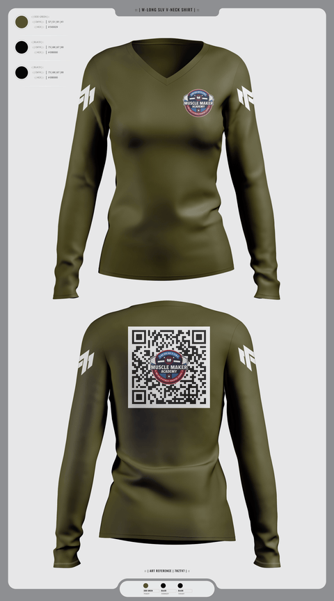 Womens Long Sleeve Vneck Shirt 1, Muscle Maker Academy, Space Force, Teamtime, Team time, sublimation, custom sports apparel, team uniforms, spirit wear, spiritwear, sports uniforms, custom shirts, team store, custom team store, fundraiser sports, apparel fundraiser