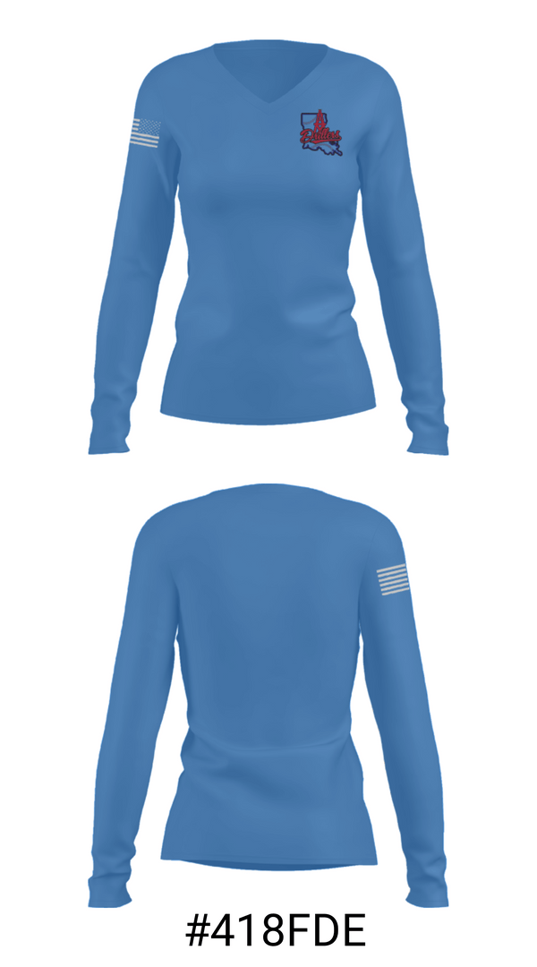 Women's Long Sleeve Vneck Shirt, La Drillers, Baseball, Teamtime, Team time, sublimation, custom sports apparel, team uniforms, spirit wear, spiritwear, sports uniforms, custom shirts, team store, custom team store, fundraiser sports, apparel fundraiser
